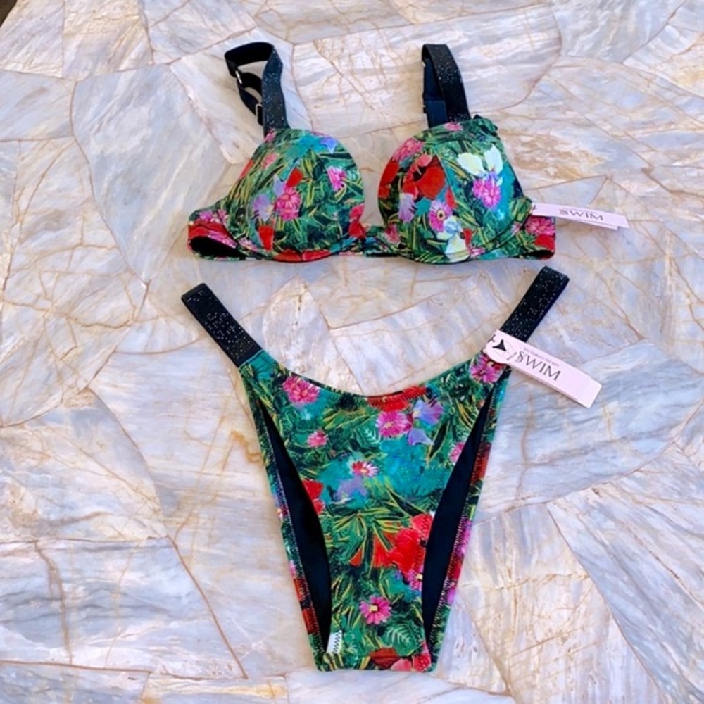 2 Pc Set 34B + Med Victoria's Secret Swim Shine Strap Sexy Tee Bikini +‎ Bottoms